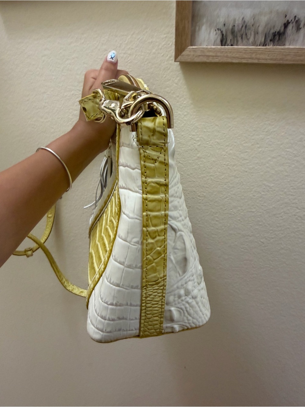 Brahmin Yellow and White Croc-Embossed Crossbody with Tassel - Picture 6 of 10